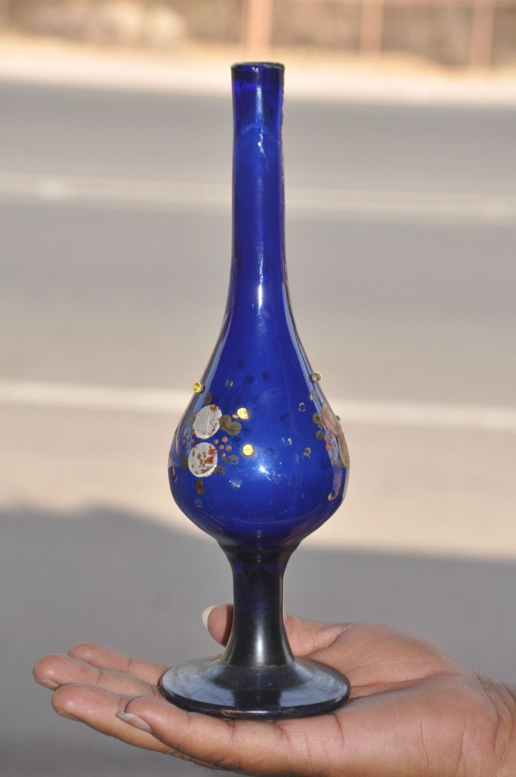 Vintage Blue Color Floral Enamel Work Glass Surai/Vase/ Pot, Collectible