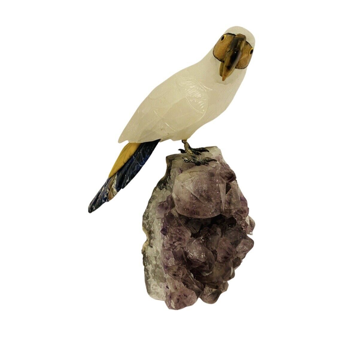 Vintage 7.25” Tall Hand Carved Gemstone Bird on Amethyst Geode Base Rare