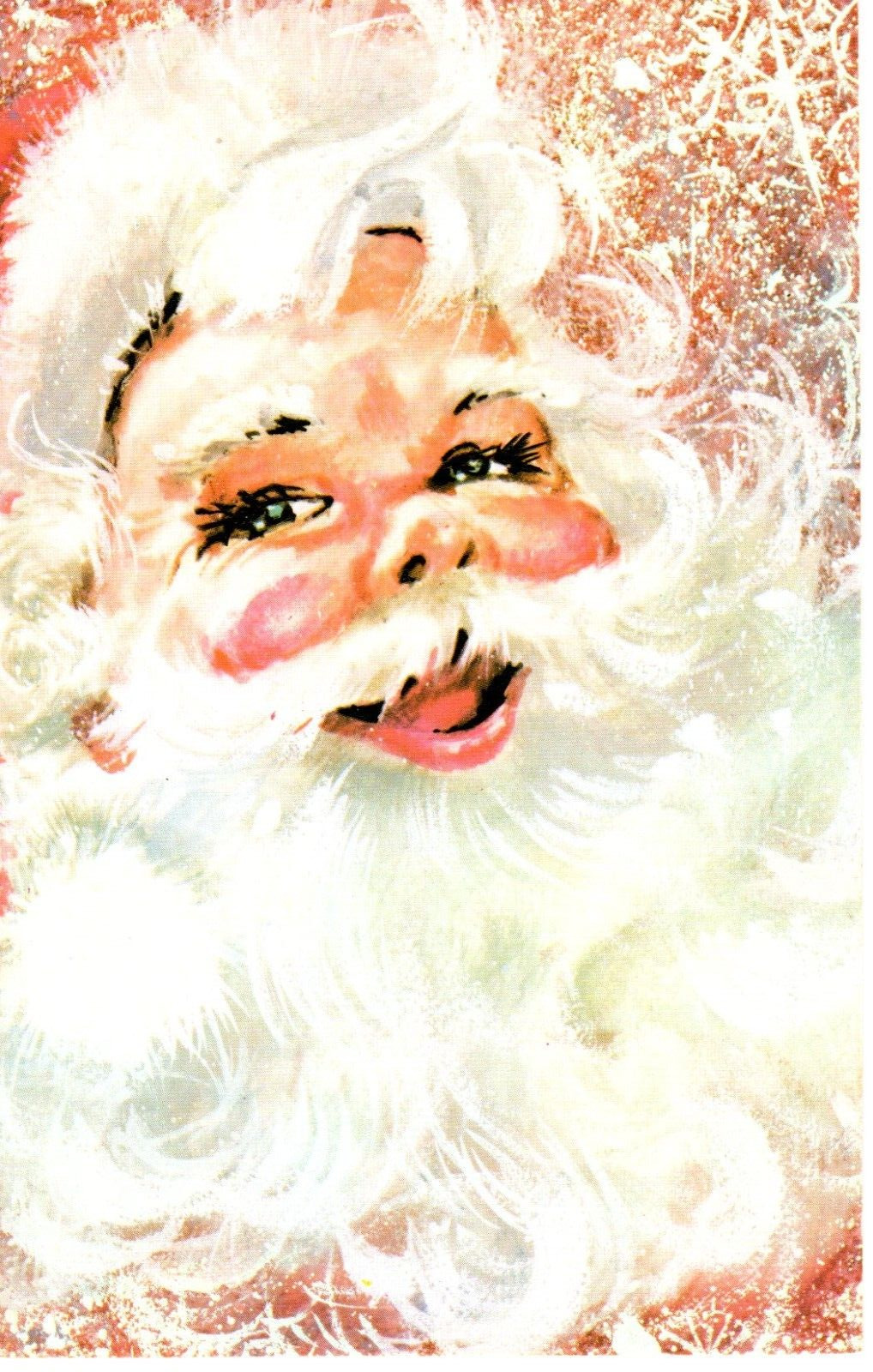 Handmade, Stamped, Laughing Santa, Fluffy White Beard Postcard