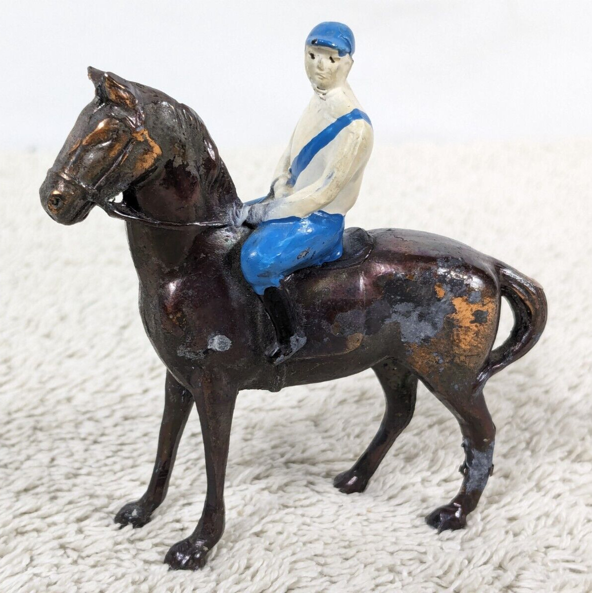 Vtg Jockey On Horse Figure Cast Metal Antique Toy Equestrian Japan Miniature