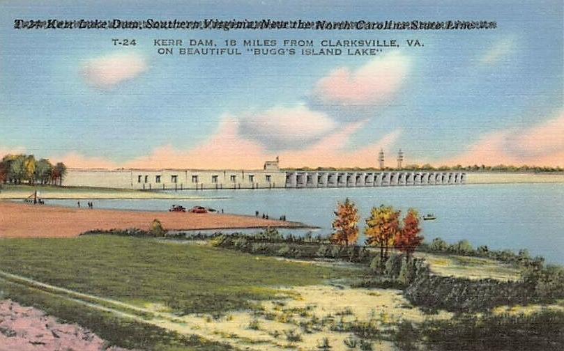 Postcard VA: Kerr Dam, Bugg\'s Island Lake, Clarksville, Virginia, Linen