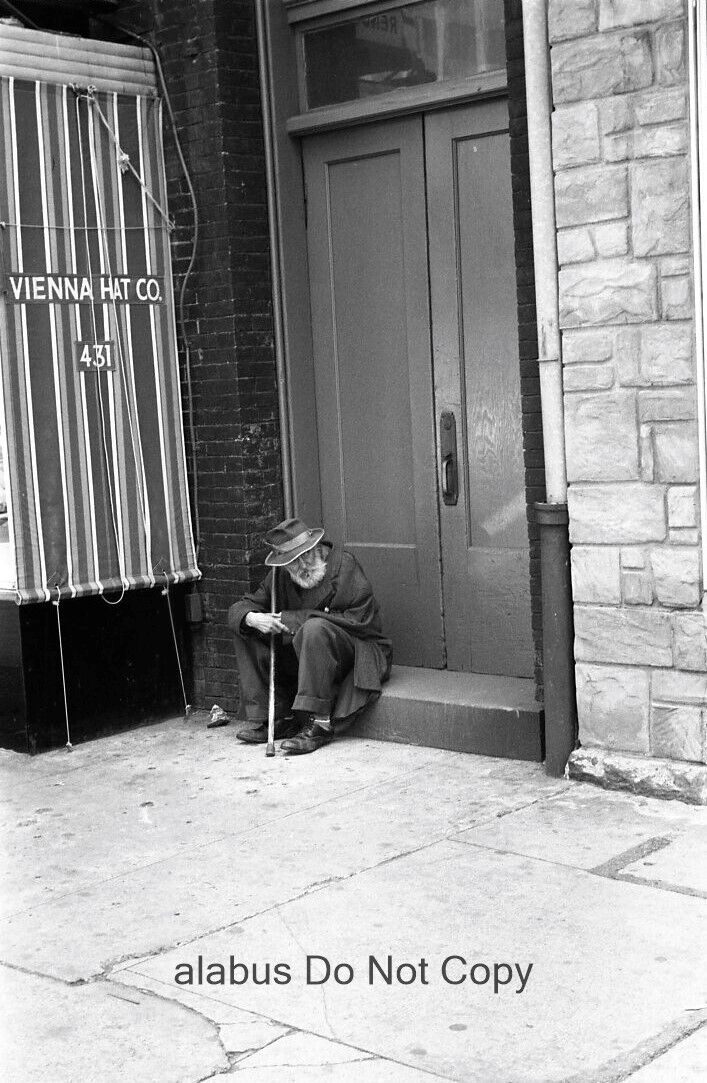 Orig 1960s NEGATIVE Homeless Man Sitting Outside Vienna Hat Co Washington DC