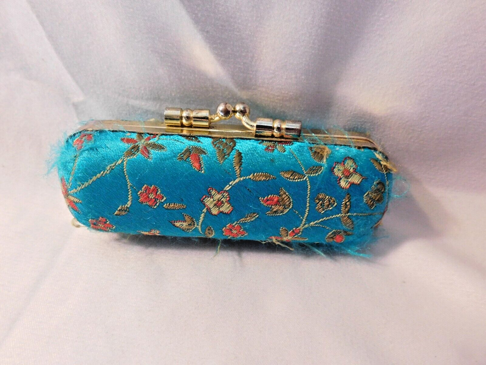 Vintage Floral Embroidered Lipstick Case with Mirror Snap Closure