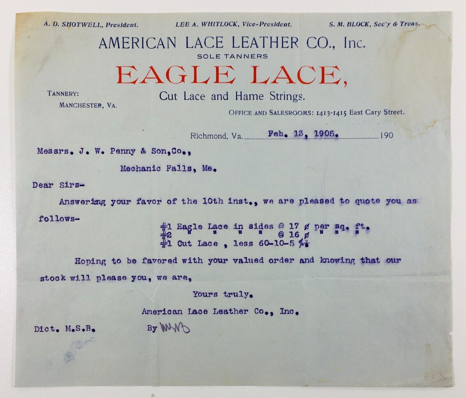 1905 Letterhead American Lace Leather Company