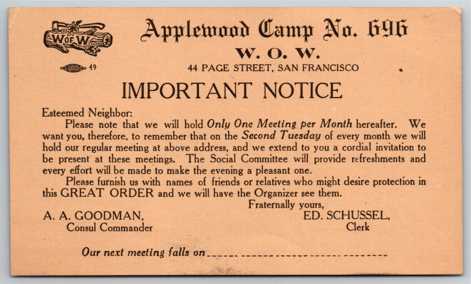 Scarce Postcard Postal Card WOW Applewood Camp No 696 San Francisco c1914-51