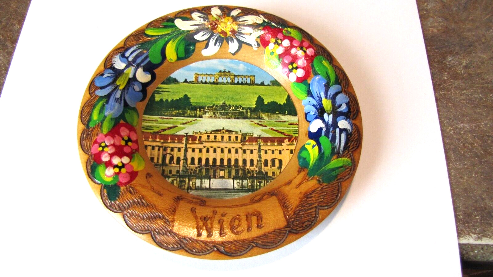 Vintage German Folk Art Handarbeit Handpainted Hanging Wood Plate Wien Austria