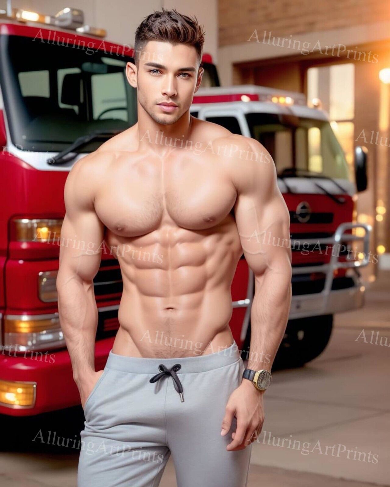 8x10 Male Model Photo Print Muscular Handsome Fireman Shirtless Hunk -MM401