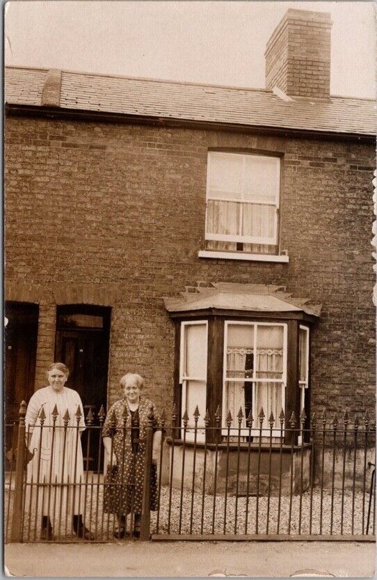 Vintage England UK RPPC Real Photo Postcard Two Older Women in Fenced-In Yard