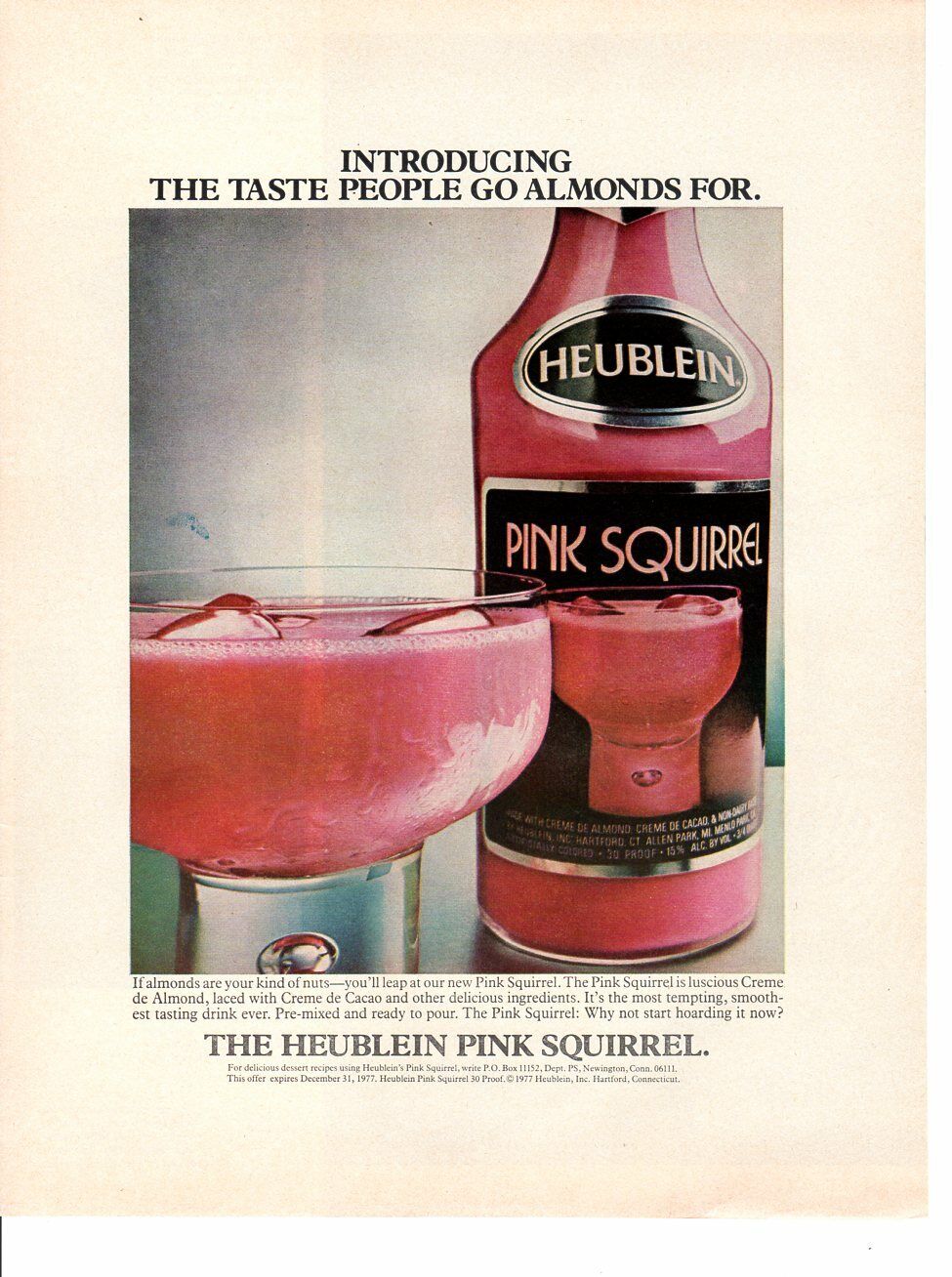 Vintage advertising print Alcohol Heublein Cocktails Pink Squirrel almonds 1977