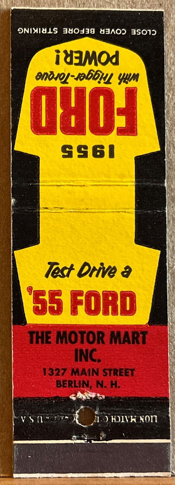 The Motor Mart Berlin NH New Hampshire Test Drive a '55 Ford Matchbook Cover