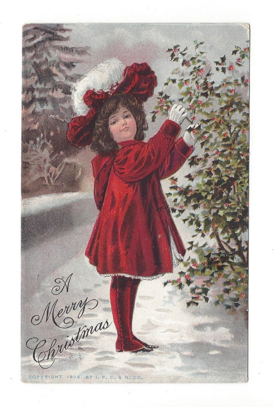 1908 CHRISTMAS VINTAGE POSTCARD CHARMING GIRL IN RED CHRISTMAS COAT