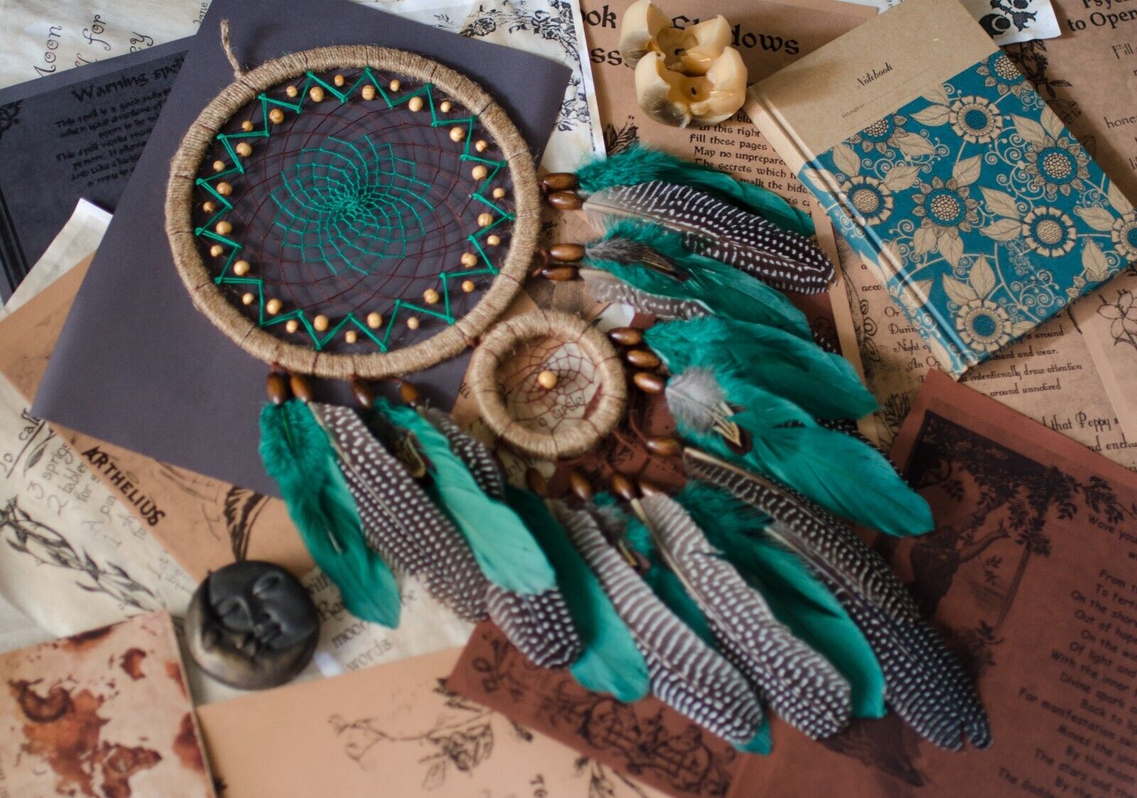 Handmade Green dream catcher with emerald green and natural feathers