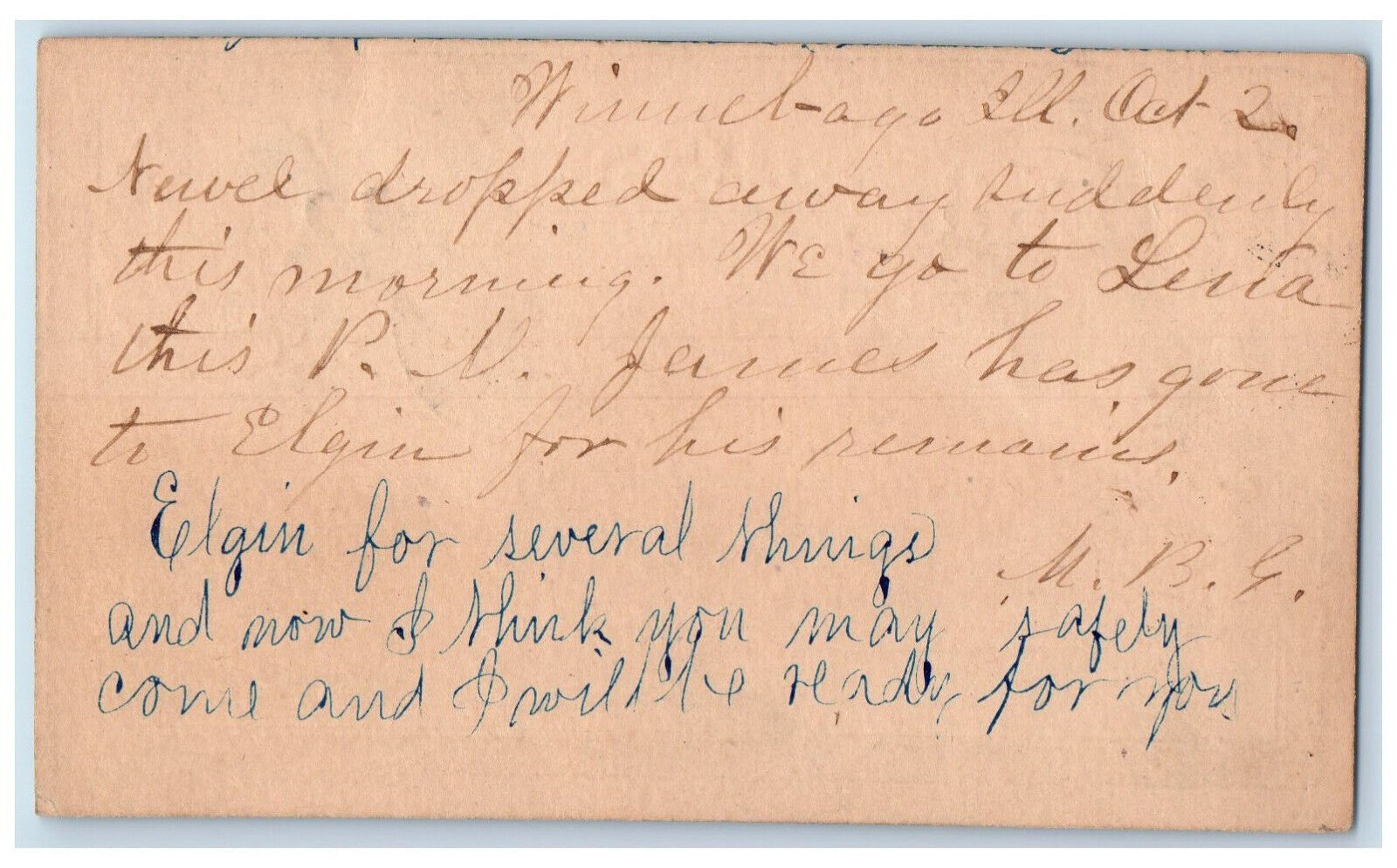 c1880's PV James to Elgin Letter Winnebago Illinois IL Rockford IL Postal Card
