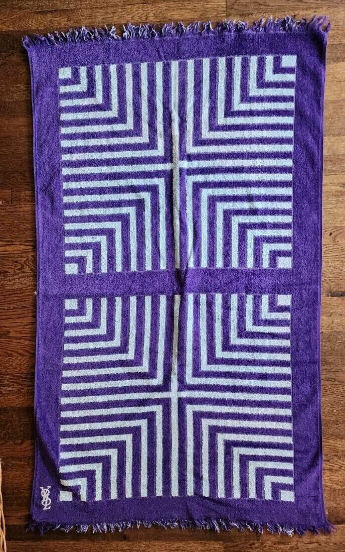 Vtg Yves Saint Laurent YSL Hand Towel Funky 70s Geometric Woven Purple & Blue