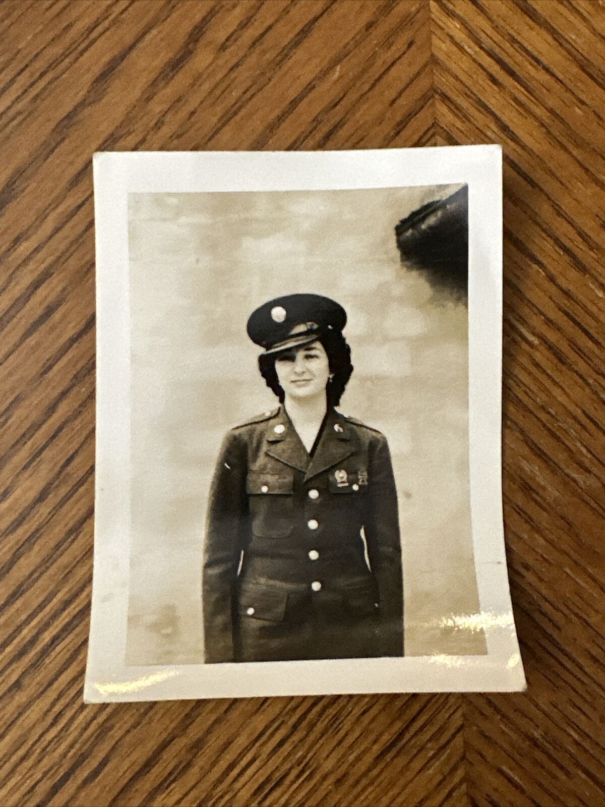 Woman Wearing Husband's WW2 Uniform 3x4 B&W 1940s Photograph VTG