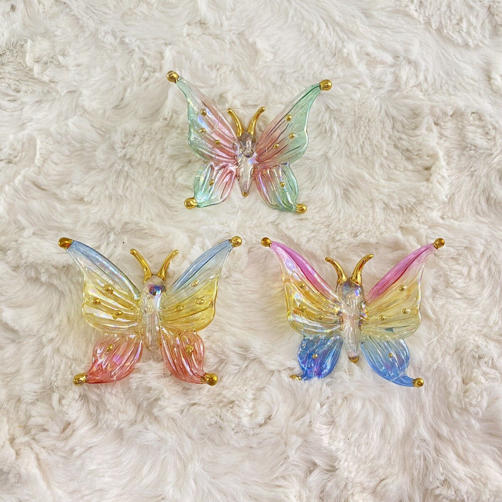 3X VTG Rare Iridescent Butterfly Glass Ornaments With Gold Details