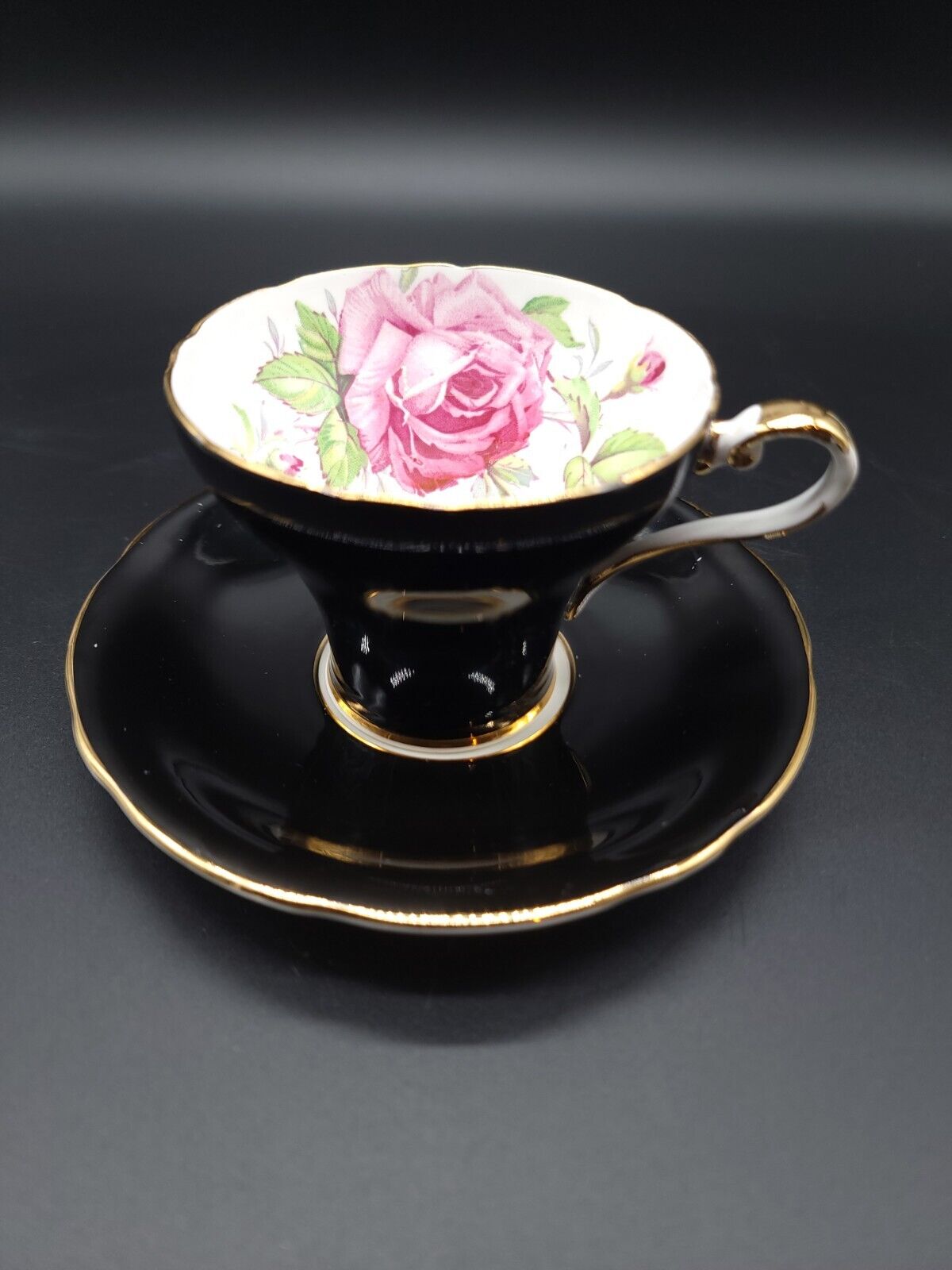 RARE-STUNNING AYNSLEY TEA CUP & SAUCER SET -Black with Gold w/PINK CABBAGE ROSE