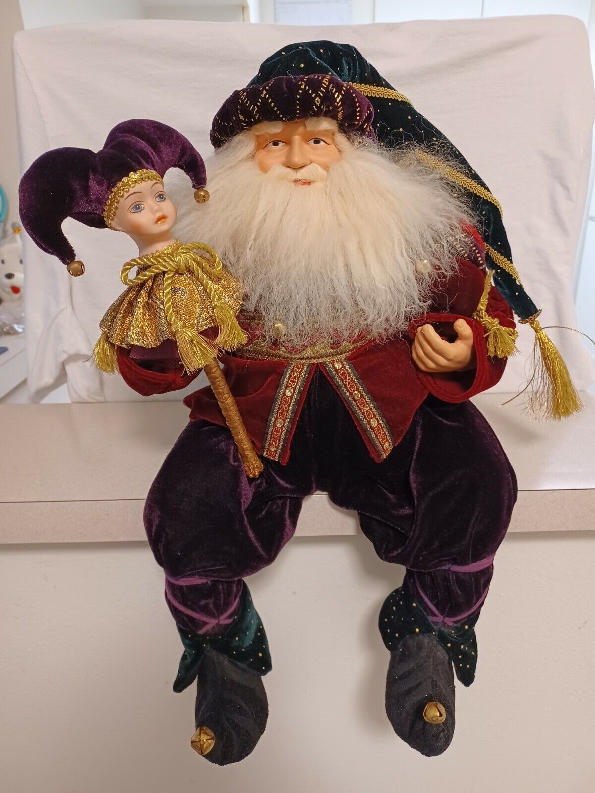 Kirkland Signature Harlequin Santa Shelf Sitter w/Jester Puppet Costco 1990\'s