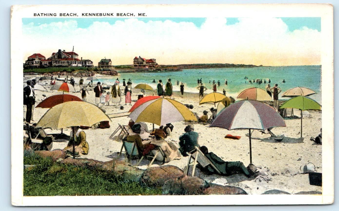 KENNEBUNK BEACH, ME Maine  BEACH SCENE & UMBRELLAS c1920s  Postcard