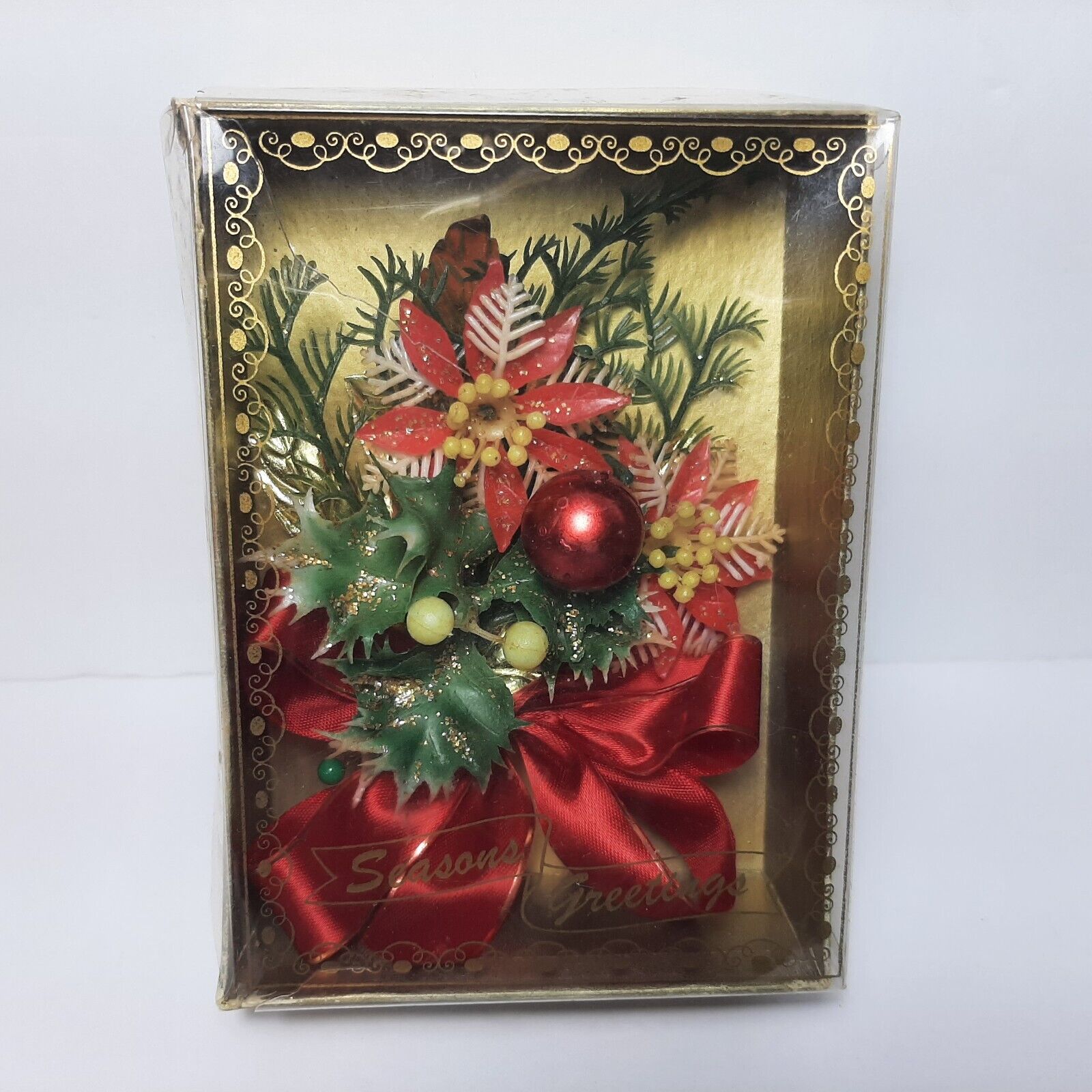 Kitschy Vintage Christmas Corsage Poinsettia Plastic Ribbon Decoration