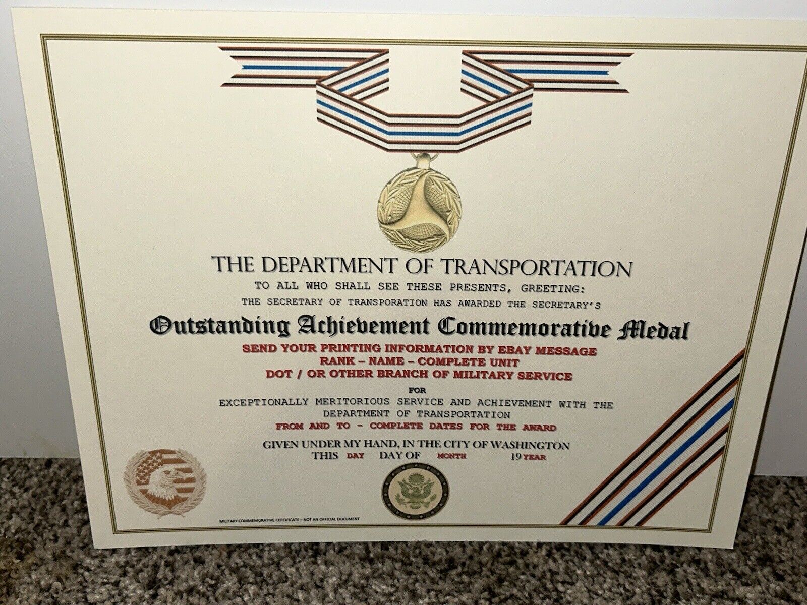 D.O.T. OUTSTANDING ACHIEVEMENT COMMEMORATIVE CERTIFICATE ~ TYPE-2 w/PRINTING