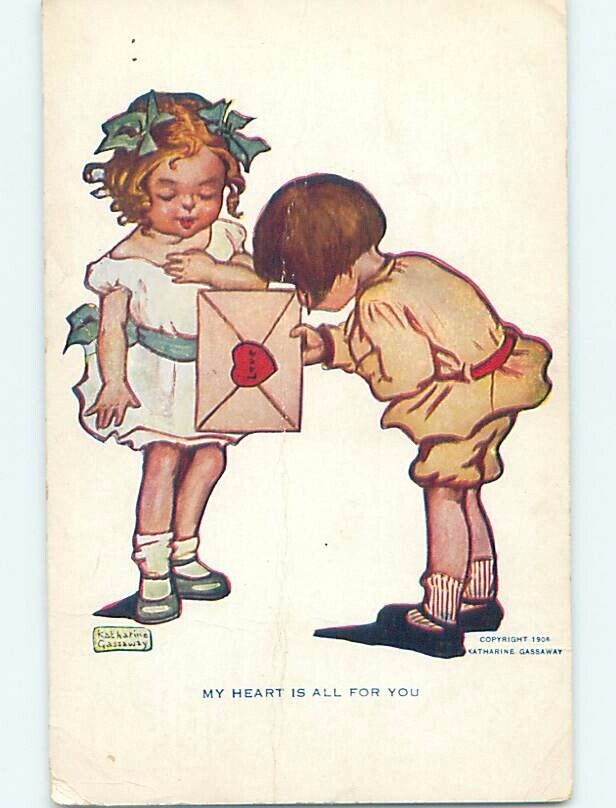 Bent c1910 valentine signed KATHARINE GASSAWAY - BOY GIVES CARD TO GIRL HL1584