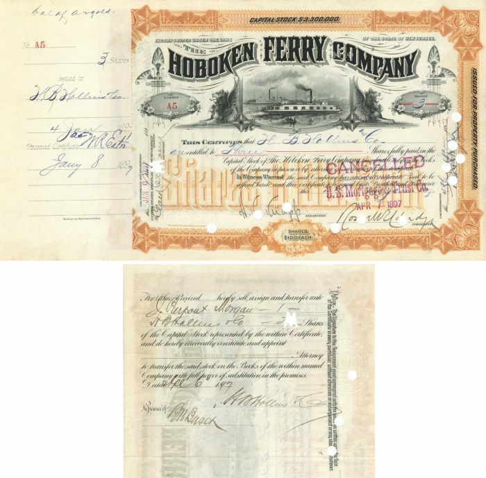 Hoboken Ferry Co. transferred to J. Pierpont Morgan - Stock Certificate - Autogr