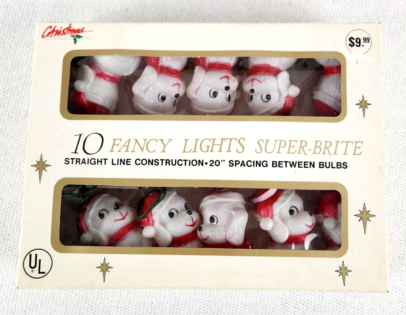 10 Fancy Lights Super Brite Dogs Christmas Puppies Vintage Steady Or Flashing