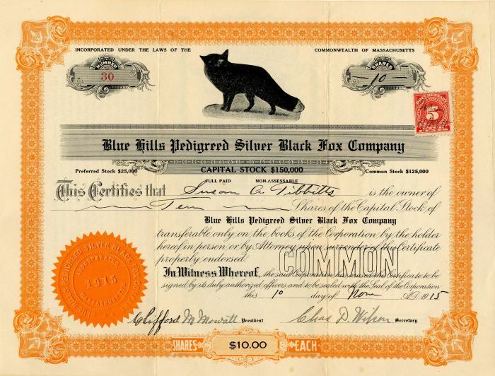 Blue Hills Pedigreed Silver Black Fox Co. - Fox Vignette Stock Certificate - Ani