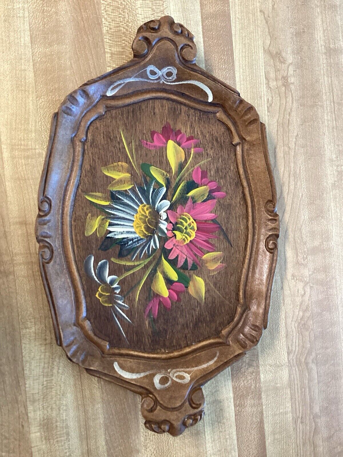 Vintage Wood Tray With Flower Painting
