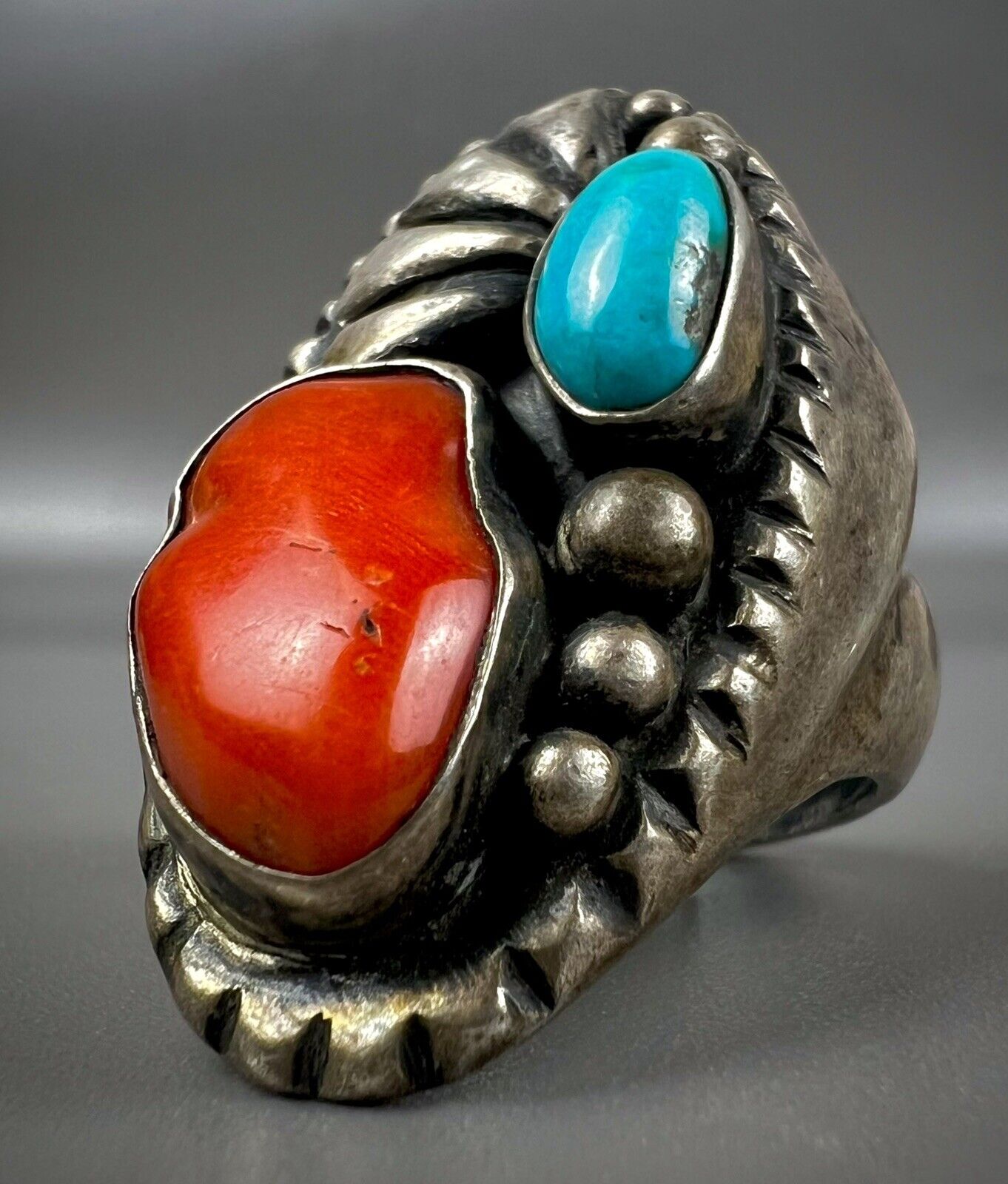LARGE Vintage Navajo Old Pawn Sterling Silver Turquoise & Coral Ring VERY NICE