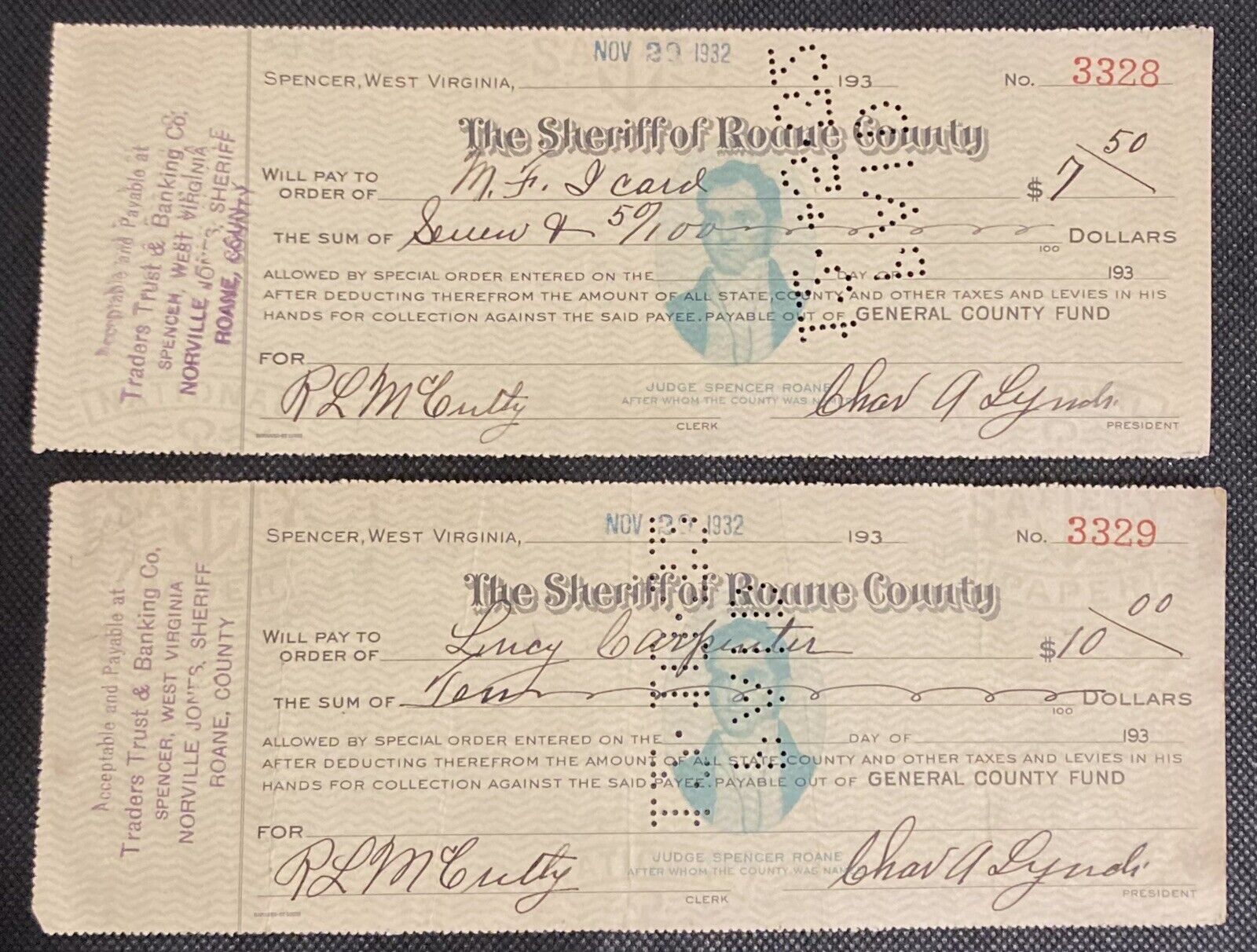 The Sheriff of Roane County Checks - Lot 2 Cashed Cancelled 1932 Spencer, WV