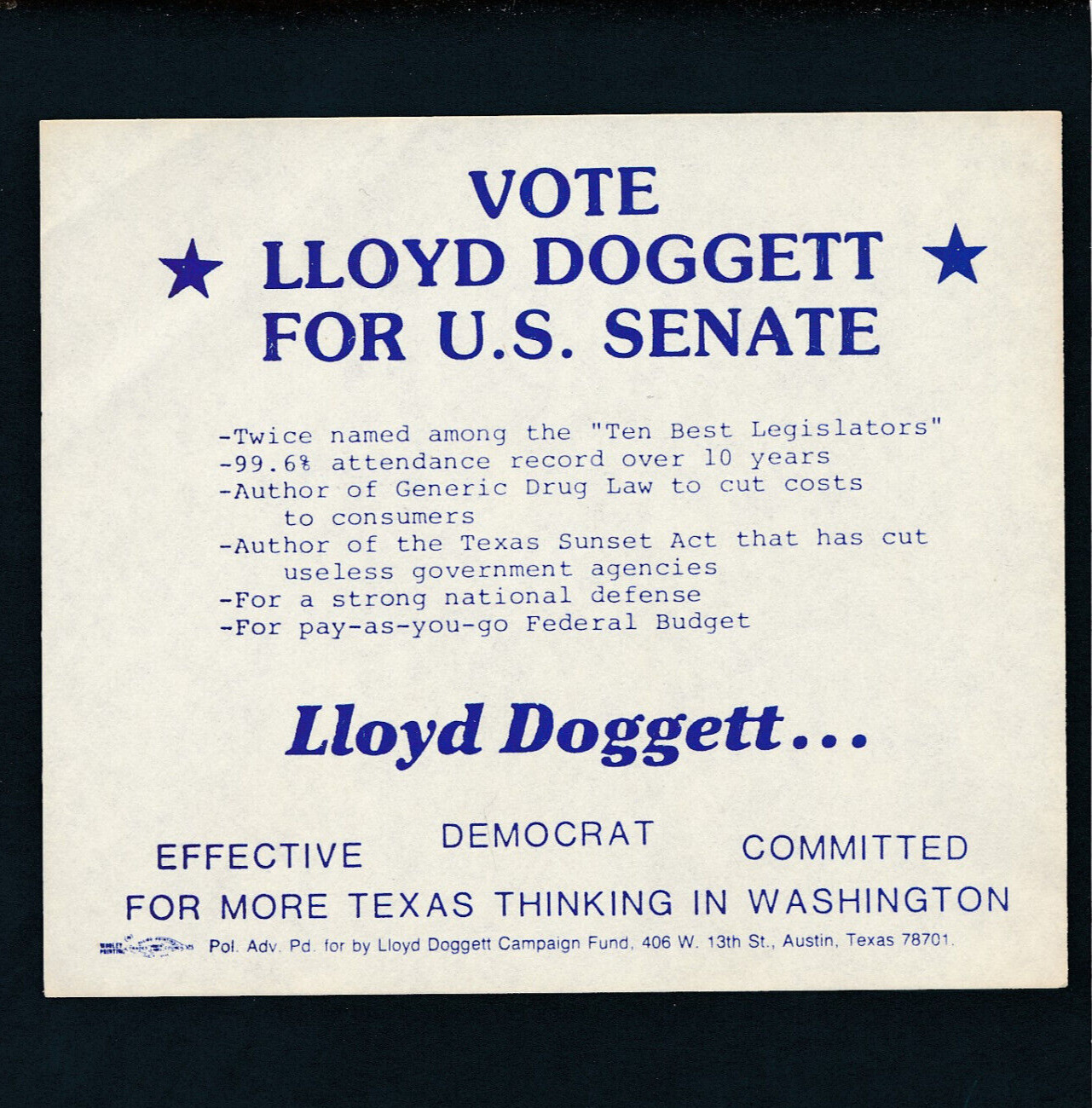 Lloyd Doggett for US Senate paper handout Texas TX 1984