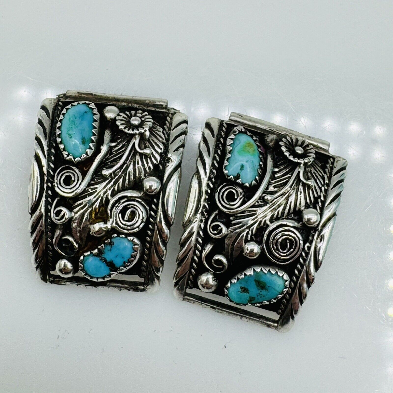 Vintage Navajo Sterling Silver Blue Turquoise Watch Tips Old Pawn 29g