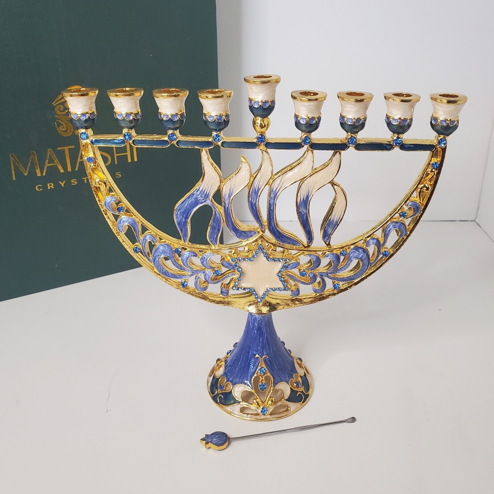 Matashi Hand Painted Enamel Hanukkah Menorah  with Star of David