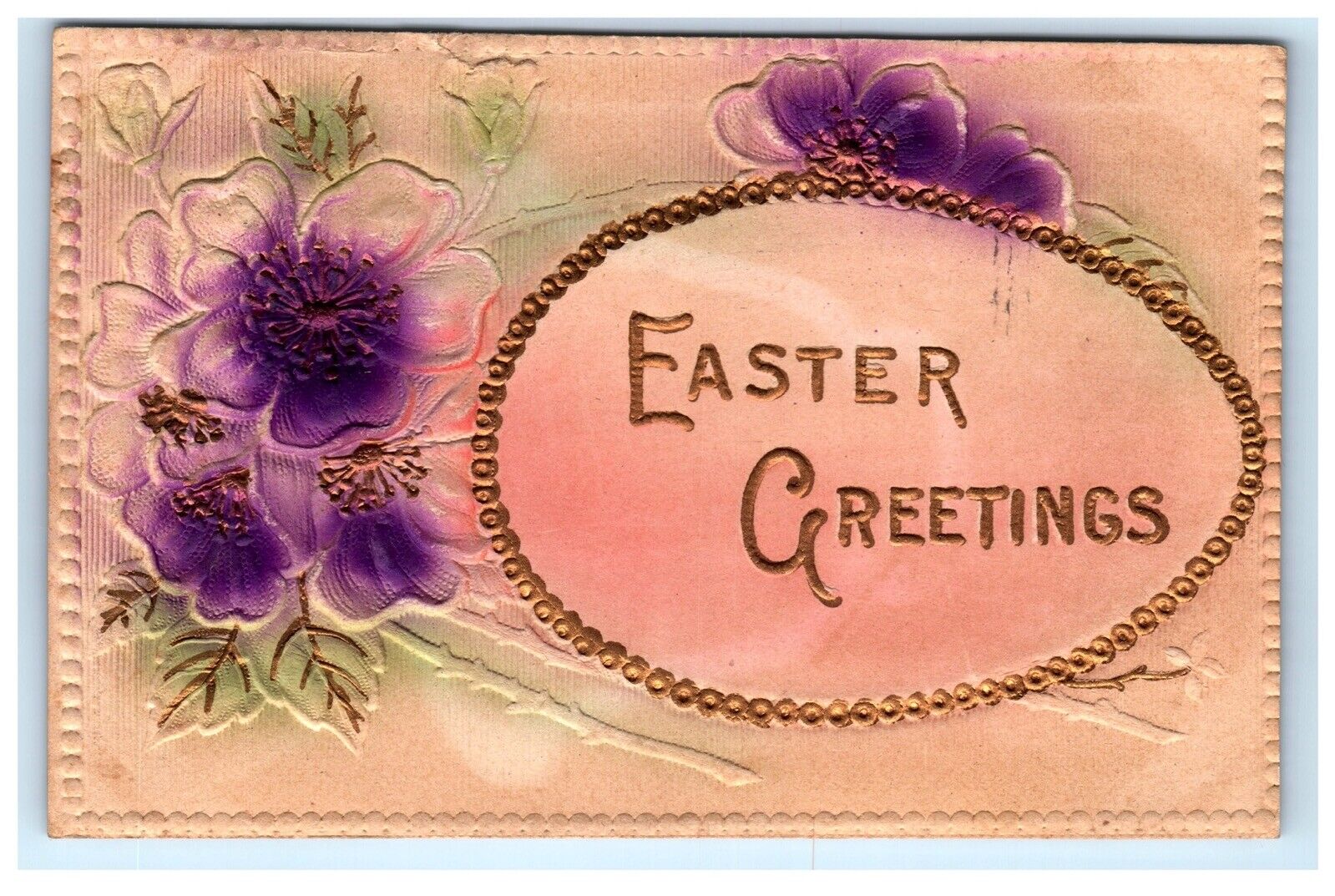 Embossed Easter Greetings Postcard Violets Gold Laced Egg D1