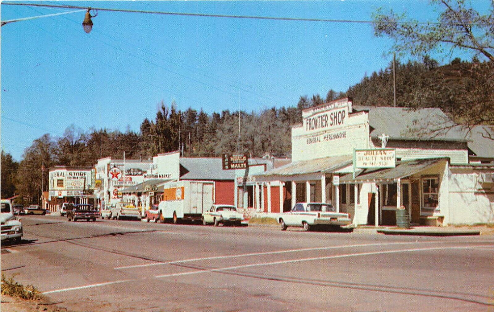 Julian California 1950s Postcard Main Street Frontier Shop Texaco Gas 