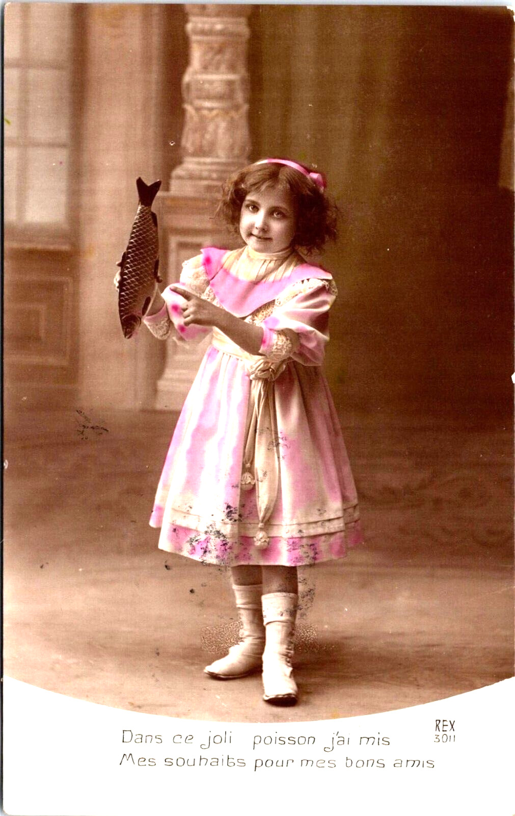 Postcard April 1st/April Fish Day France, Girl in Pink Dress Holding Fish, Poem