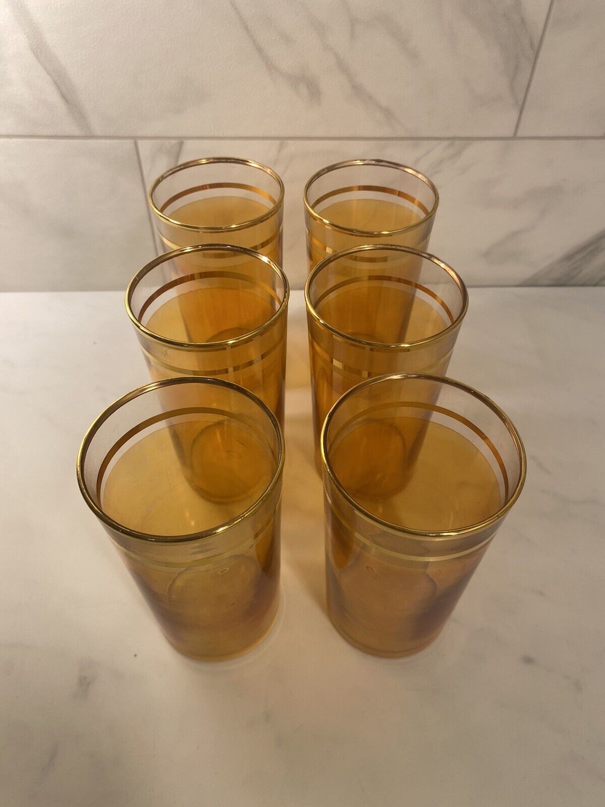 Vintage Amber Tinted Tumbler Glasses With Golden Top Trim 6pc Set Oliverns