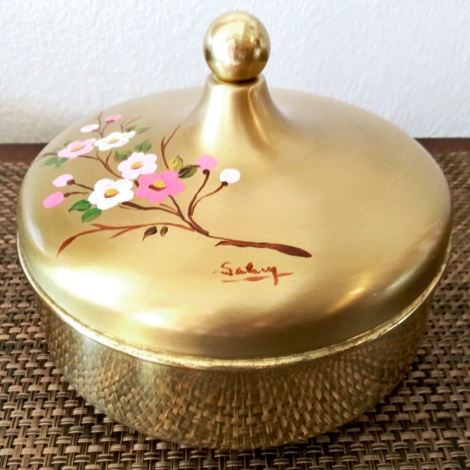 VTG Brass Metal Lidded Dish Italy Hand Painted Floral Flowers Artist Signed