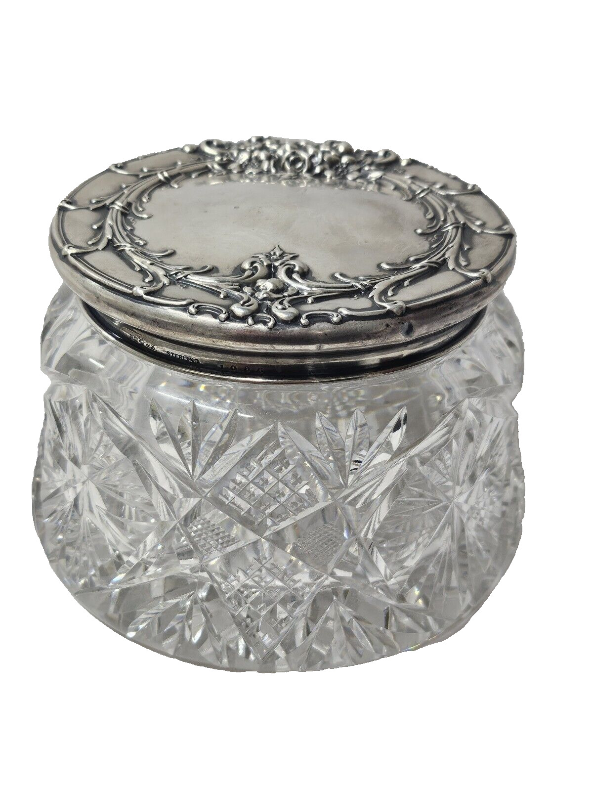 Antique Wallace Sterling Silver Crystal Flora Pattern Powder Jar - Early 1900s
