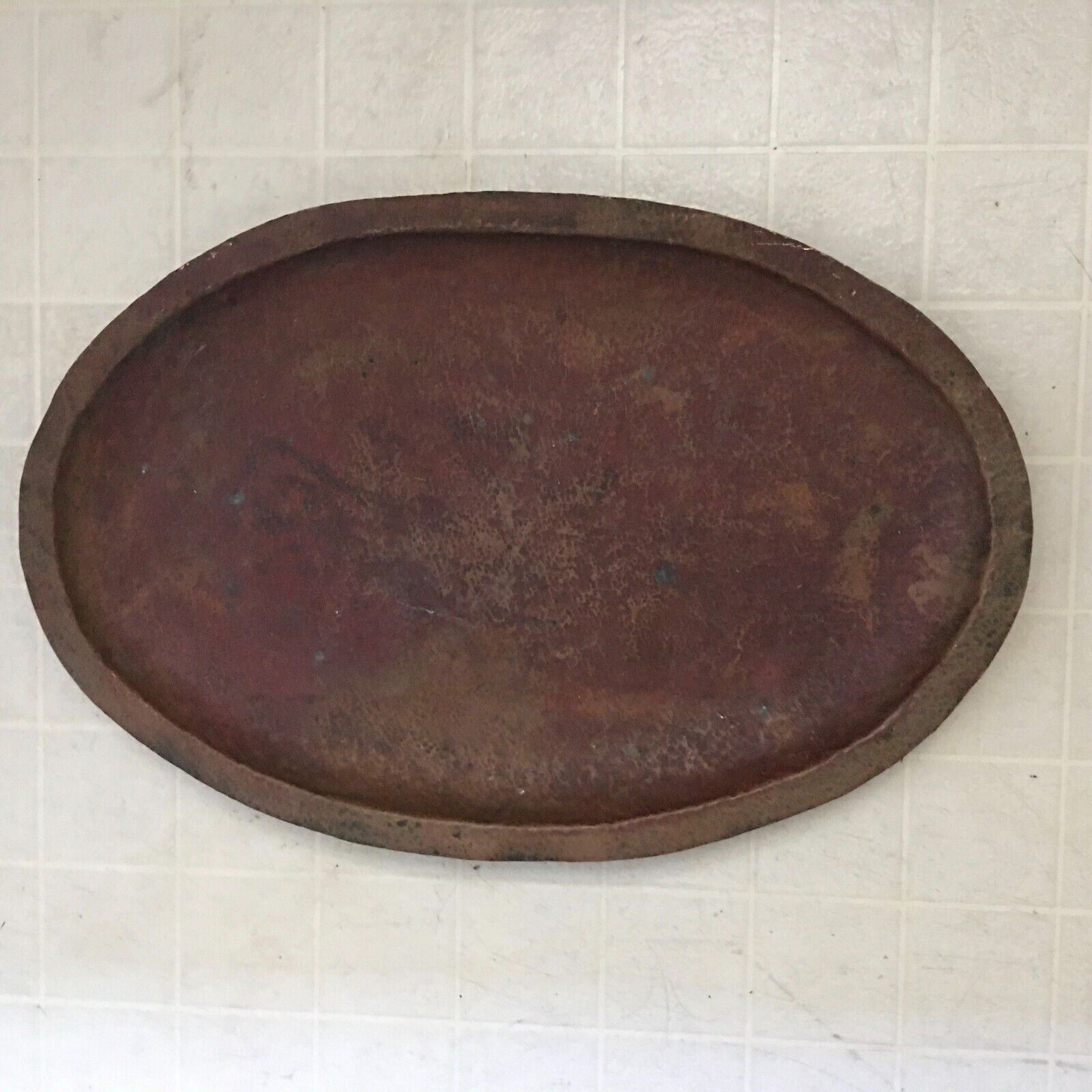 Antique 1900s Large Hammered Copper Oval Plate Dish Serving Tray 20\