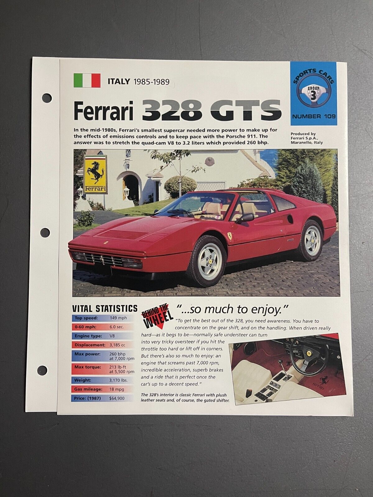 1985 - 1989 Ferrari 328 GTS Coupe Poster, Spec Sheet, Folder, Brochure - Awesome