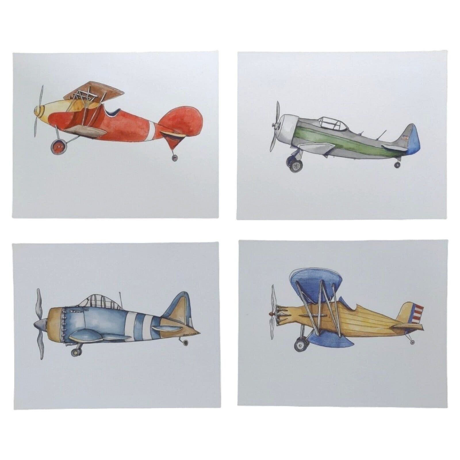 Bundle of Four Vintage Airplane Pictures 8x10 Water Color Aviation