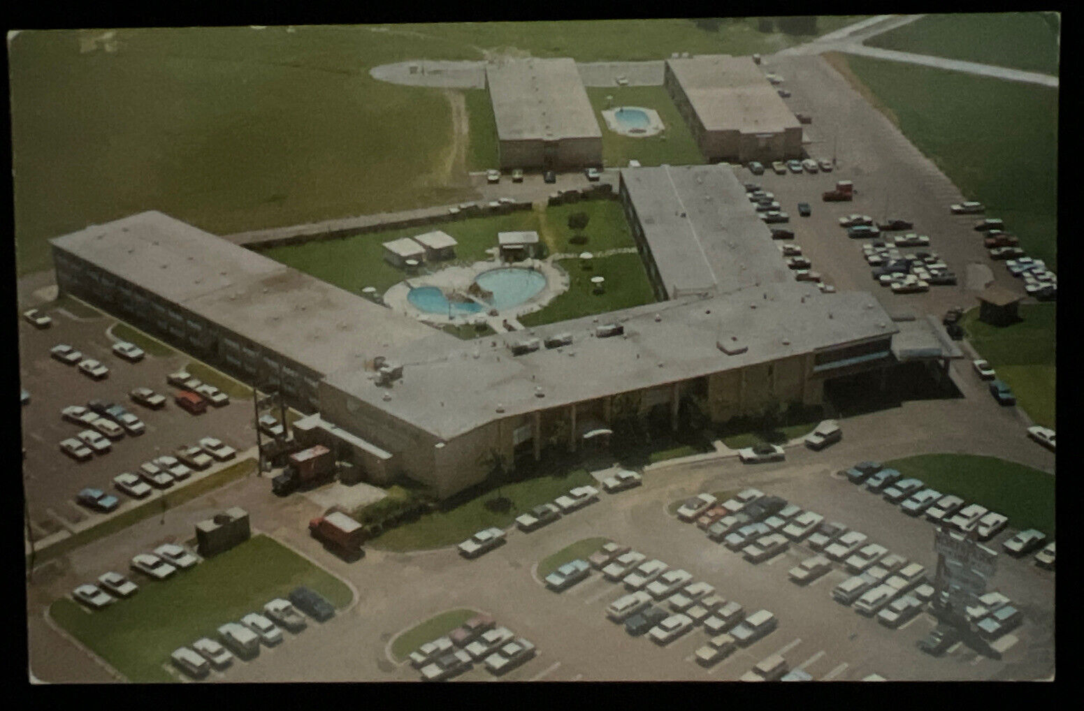 Vintage Aerial View North Park Inn  Dallas TX c1960s Postcard Parking Lot Pools