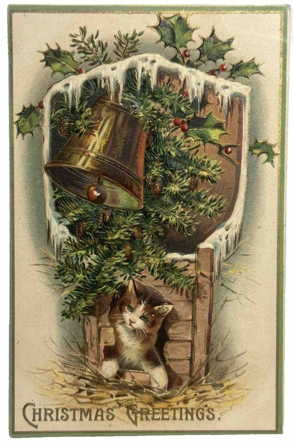 Cat Christmas Postcard Hears Gold Bell Ring Holly Pine Snowy Icicles