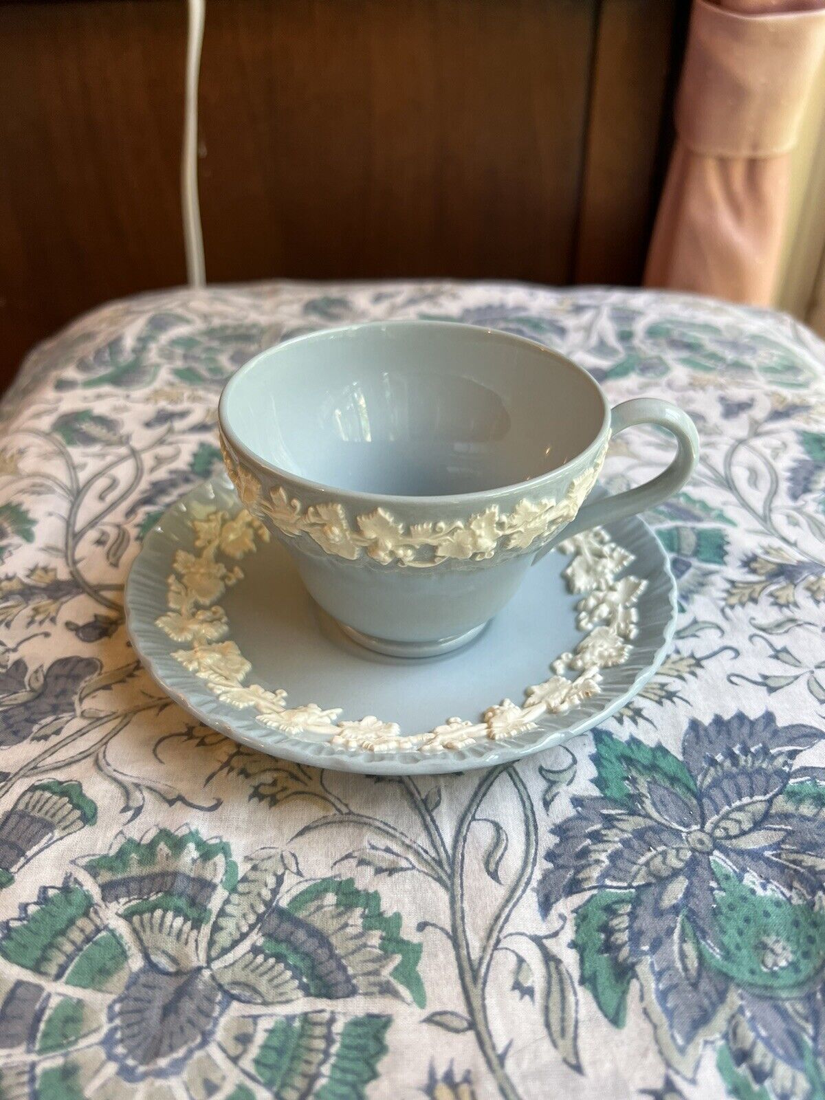 Wedgwood Queensware Embossed Cream On Lavender Blue Cup Shelled Edge Saucer Set