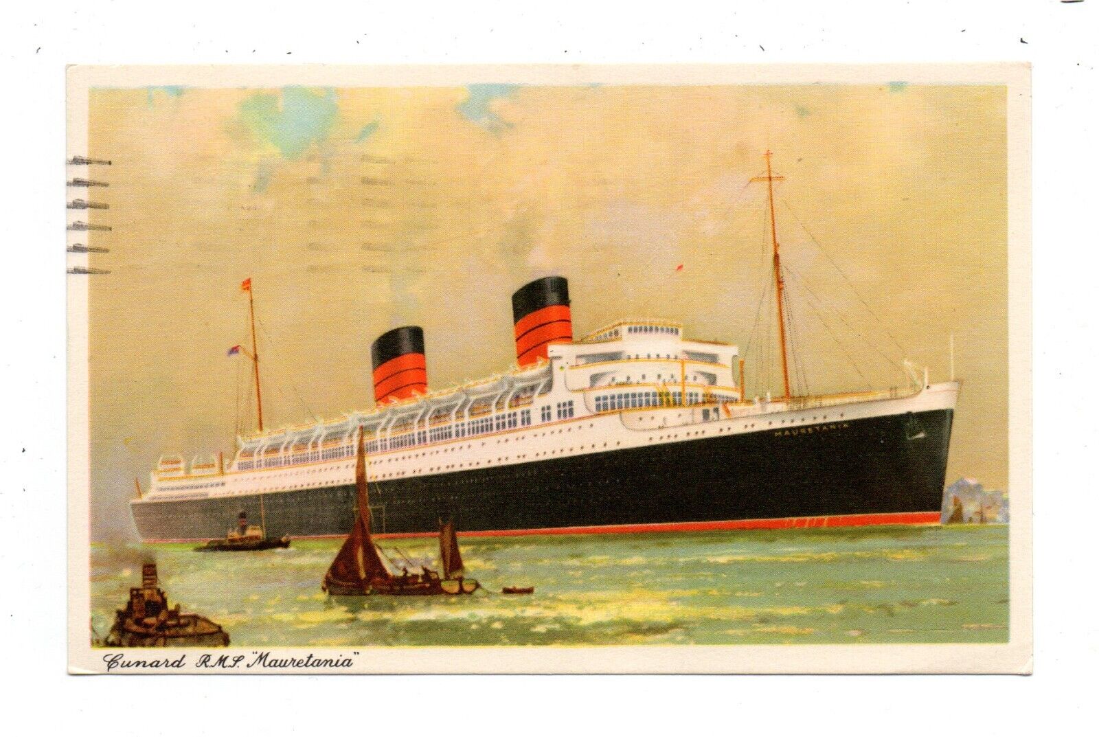 RMS MAURETANIA AT SEA, CUNARD SHIP LINE ARTIST IMAGE used CANAL ZONE PANAMA 1962