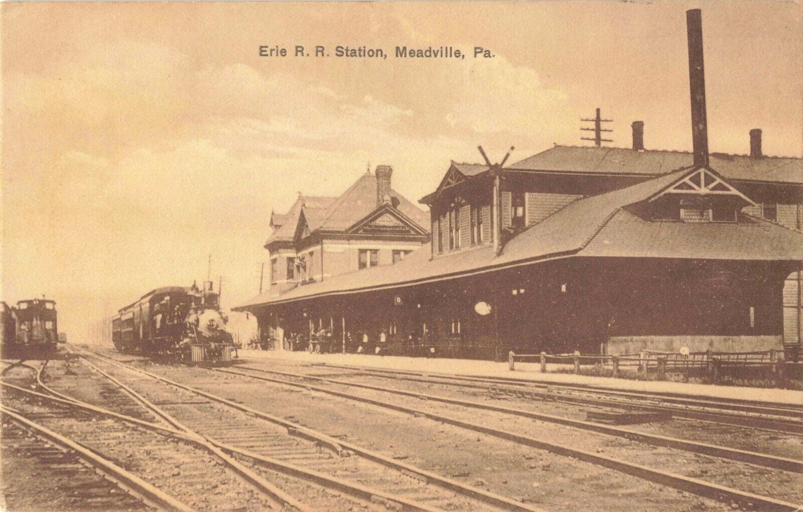 Erie Railroad Station Depot Meadville Pennsylvania PA Train c1910 Postcard