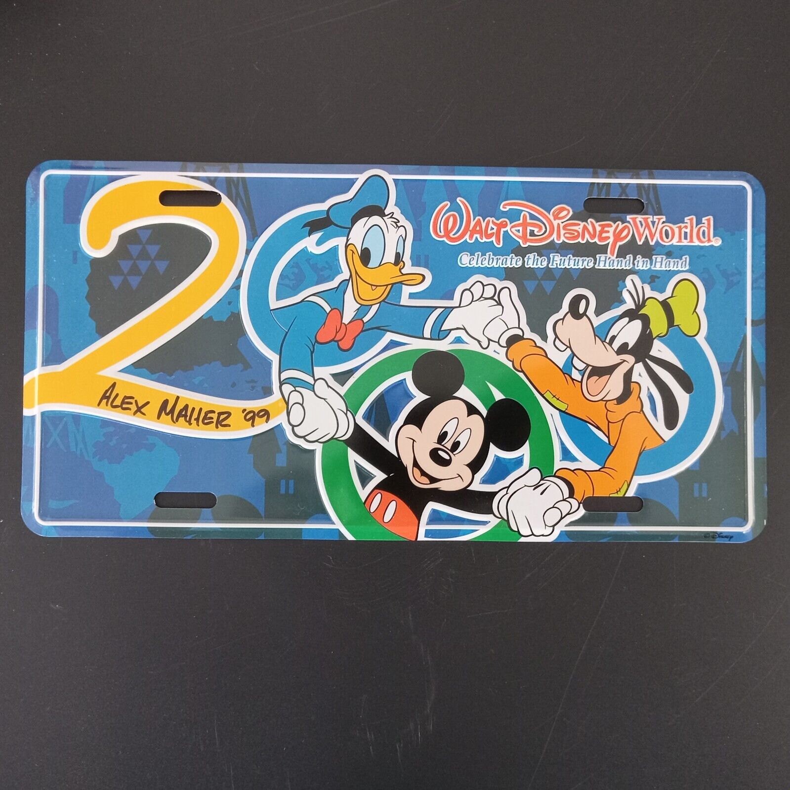 Walt Disney World 2000 ALEX MAHER ARTIST SIGNED Metal License Plate Mickey